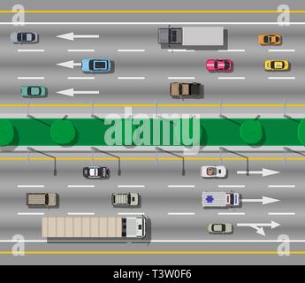 Collection de différents véhicules sur route. Roadster, taxi, police, ambulance SUV, berline, camion. Location pour le transport, le fret et les services d'urgence. Le HIG Illustration de Vecteur