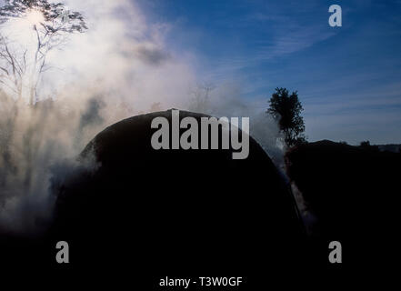 La production de charbon végétal pour être utilisé comme combustible pour produire de la fonte brute - le produit intermédiaire de la fonte de minerai de fer - augmente la déforestation biome Cerrado - l'État du Mato Grosso do Sul, centre-ouest du Brésil. Aciéries modernes et d'une ligne de fer de réduction du fer en fusion le transfert des plantes à l'aide d'une louche pour une utilisation immédiate dans les fours d'acier. Banque D'Images