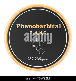 Le phénobarbital. Formule chimique, structure moléculaire. Le rendu 3D isolé sur fond blanc Banque D'Images