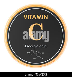 La vitamine C, acide ascorbique. Icône de cercle, formule chimique, structure moléculaire. Le rendu 3D Banque D'Images