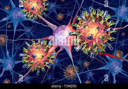 L'infection de l'encéphalite de la présence du virus de la rougeole dans le cerveau d'infecter les neurones microscopiques comme une méningite virale concept comme un rendu 3D. Banque D'Images