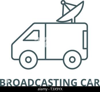 Voiture de radiodiffusion avec la parabole, l'icône de la ligne de vecteur. Voiture de radiodiffusion avec la parabole contours signe, symbole, télévision illustration Illustration de Vecteur