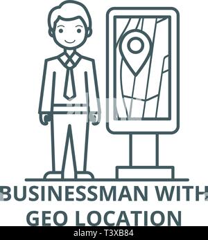 Businessman avec l'icône de la ligne de l'emplacement géographique, vecteur. Businessman with geo localisation contours signe, symbole, télévision illustration Illustration de Vecteur