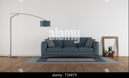 Canapé bleu dans un salon minimaliste contre mur blanc - 3D Rendering Banque D'Images