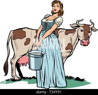 Une femme vache lait trayeur godet. agriculture la vie du village. Pop art retro vector illustration vintage kitsch 50s 60s Illustration de Vecteur