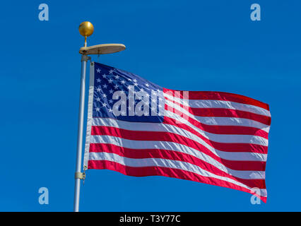 Drapeau américain dans le vent avec fond de ciel bleu, Castle Rock Colorado nous. Photo prise en avril. Banque D'Images