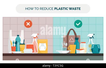 Comment réduire les déchets en plastique à la maison le choix d'articles réutilisables au lieu de produits jetables, des objets de comparaison, zéro déchet et concept de durabilité Illustration de Vecteur