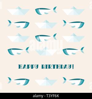 Joyeux Anniversaire Carte de Vœux. Cute les baleines et les bateaux de papier. Illustration de Vecteur