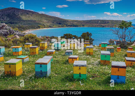 Ruche multi-couleurs des boîtes sur colline surplombant la mer, Nafplion, Grèce Banque D'Images