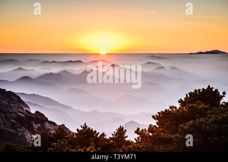 Le brouillard roulant sur les montagnes rocheuses, Huangshan, Anhui, Chine Banque D'Images