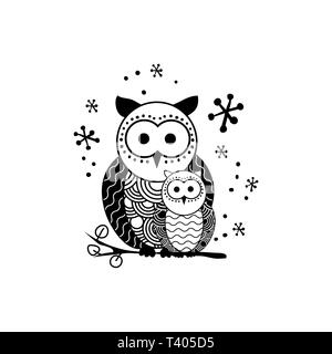 Vector illustration silhouette stylisée owl. Oiseau de Nuit noir et blanc clipart dessinés à la main. La mère et l'enfant les hiboux ornate dessin. Doodle Abstrait Animaux sauvages. Élément de design monochrome isolé Illustration de Vecteur