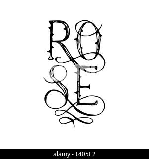 Le mot Rose s'épanouit avec lettrage calligraphique et lettres de l'alphabet. Isloated t-shirt Modèle pour imprimer. Illustration noir et blanc de saint Valentin romantique Design Illustration de Vecteur