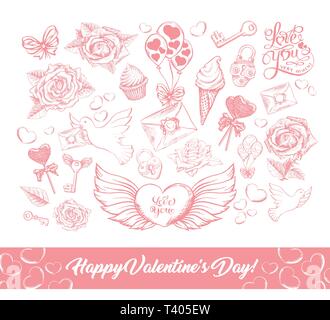 Pink Valentines Day croquis illustrations vector set. Dating hand drawn cliparts collection. L'amour et la romance dessin. Carte de vœux, invitation, affiche les éléments de conception esquissée isolés Illustration de Vecteur