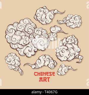 Brown nuages et vent souffle hand drawn vector illustration. Stylo à fumée clipart. Chinese art dessin abstrait rouge avec lettres calligraphiées. Nuages, overcloud Sketch set. Éléments de conception isolés Illustration de Vecteur