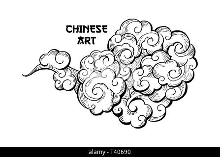 Nuages hand drawn vector illustration. Stylo encre Overcloud croquis. Noir et blanc fumée abstract clipart. Chinese art dessin avec lettrage. Vent qui souffle. Carte postale de l'élément de design monochrome isolé Illustration de Vecteur