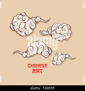 Brown nuages et vent souffle hand drawn vector illustration. Stylo à fumée clipart. Chinese art dessin abstrait rouge avec lettres calligraphiées. Nuages, overcloud Sketch set. Éléments de conception isolés Illustration de Vecteur