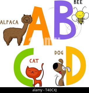Alphabet des animaux anglais A, B, C et D avec des lettres cute cartoon alpaga, bee, chat et chien Illustration de Vecteur