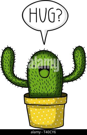 Mignon et drôle style kawaii cactus dans un pot à motifs à pois, demande d'un câlin Illustration de Vecteur