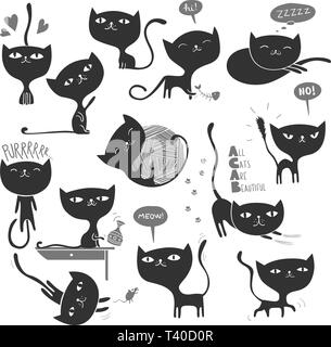 Collection de 13 chats espiègles et mignons dans différentes positions Illustration de Vecteur