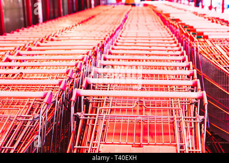 Chariots de marchandises en une ligne dans le magasin, supermarché. Shopping concept Banque D'Images