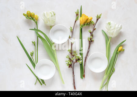 Fleurs de printemps avec des assiettes vides pour vos produits sur un arrière-plan lumineux, télévision style laïcs Banque D'Images