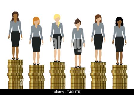 Les femmes ayant des revenus différents debout sur des pièces d'or finances concept vector illustration EPS10 Illustration de Vecteur