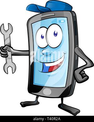 Un service de réparation mobile smartphone app mécanicien ou personnage mascot holding spanner et donnant . clip art vector illustration Illustration de Vecteur