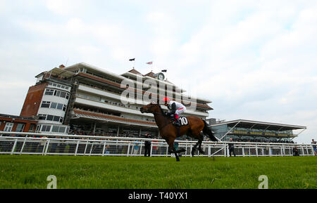 Star Catcher monté par jockey Frankie Dettori sur son chemin pour gagner le MansionBet pouliches de jeune fille' Stakes au cours de la première journée du Dubai Duty Free Printemps Week-end à l'Hippodrome de Newbury, Newbury. Banque D'Images