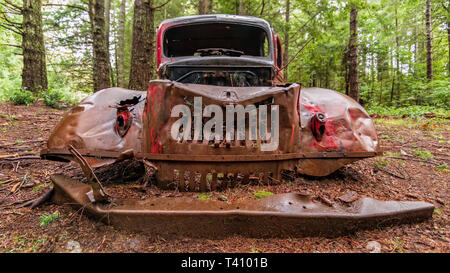 Une voiture ancienne rouilles dans une forêt du nord de la Californie. Banque D'Images
