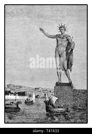 Colosse de Rhodes, gravure 1880. C'était une des sept merveilles du monde antique : une statue de fer et plaques de laiton ca. 33 m de hauteur du dieu du soleil Helios dans la ville grecque de Rhodes . Il s'est effondré après un tremblement de terre en 226 BC. Banque D'Images