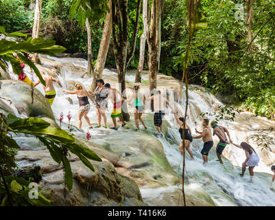 Ocho Rios, Jamaïque - 15 novembre 2016 : Les Dunn's River Falls sont les chutes d'eau à Ocho Rios en Jamaïque, qui peuvent être montés par les touristes. Banque D'Images