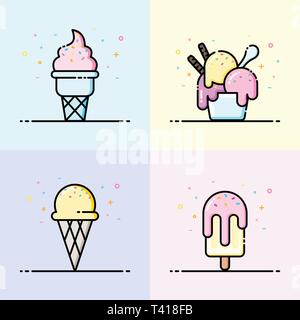 La crème glacée icon collection dans des tons pastels. Logo Cute ice cream en ligne plate style pour les médias sociaux de l'été et de l'affiche, bannière icône de l'application de conception. Illustration de Vecteur