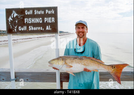 Côte du golfe d'Alabama Baldwin County Gulf Shores, Gulf State Park Pier pêcheur tient tenant des poissons rouges pêchés, Banque D'Images