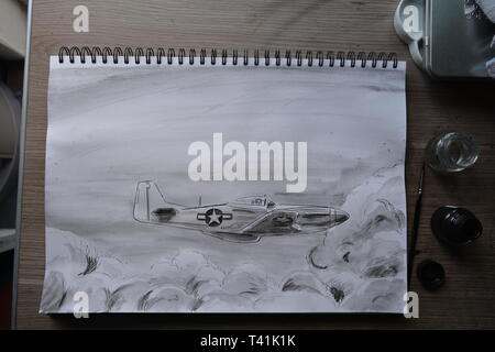 Sketchbook dessin dans étapes de P 51 Mustang . Crayon, Stylo et encre et lavis à l'encre. Banque D'Images