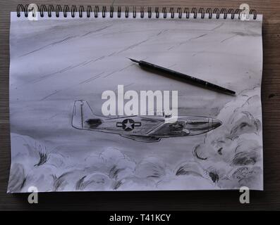 Sketchbook dessin dans étapes de P 51 Mustang . Crayon, Stylo et encre et lavis à l'encre. Banque D'Images