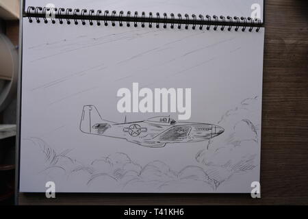 Sketchbook dessin dans étapes de P 51 Mustang . Crayon, Stylo et encre et lavis à l'encre. Banque D'Images