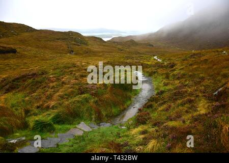 Un chemin étroit fait de pierres qui traverse le Parc National du Connemara en Irlande. Le temps est pluvieux et brumeux. Banque D'Images