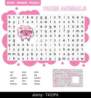 Mots croisés de l'éducation, vecteur de jeu pour les enfants sur les animaux de ferme et animaux domestiques. Puzzle de recherche de mot avec réponse Illustration de Vecteur