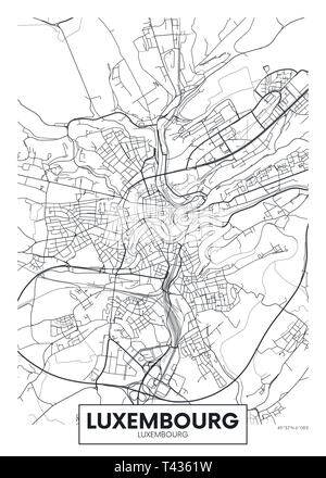 Plan de la ville Luxembourg, vecteur de déplacement d'affiches plan détaillé de la ville, les rivières et les rues Illustration de Vecteur