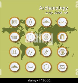 Jeu de carte colorée archaeologycal label. Vector illustration sur world map background Illustration de Vecteur