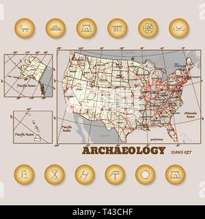 Jeu de carte colorée archaeologycal pin. Vector illustration sur fond de carte des Etats-Unis Illustration de Vecteur