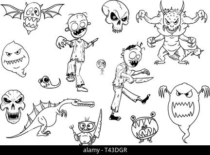 Ensemble de dessins dessins vectoriels des monstres comme halloween zombie, fantôme, démon et flying skull. Des créatures dangereuses, mais mignonne. Illustration de Vecteur