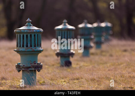 Un résumé tiré de plusieurs poteaux incendie bleu assis dans un champ Banque D'Images