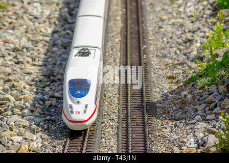 Un train du chemin de fer modèle sur l'île de Mainau, sur le lac de Constance, Allemagne, passe par l'image. Banque D'Images