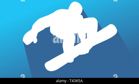 Sillhouette blanche simple saut snowboard long shadow en bleu fond moderne Banque D'Images