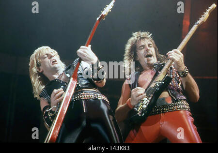 Heavy metal anglais Judas Priest groupe de rock en 1984. Photo : Jeffrey Mayer Banque D'Images