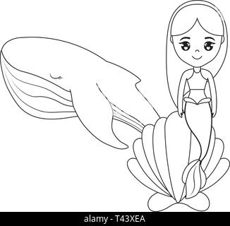 Cute mermaid assis dans un coquillage avec vecteur baleine illustration design Illustration de Vecteur