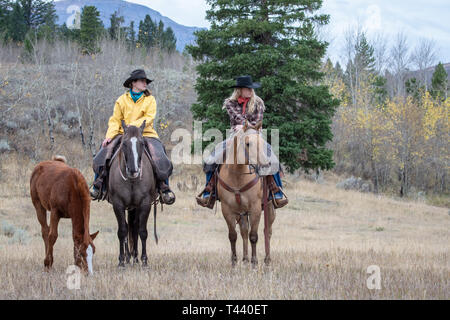 American Girls à cheval avec colt à côte dans Wyoming Banque D'Images