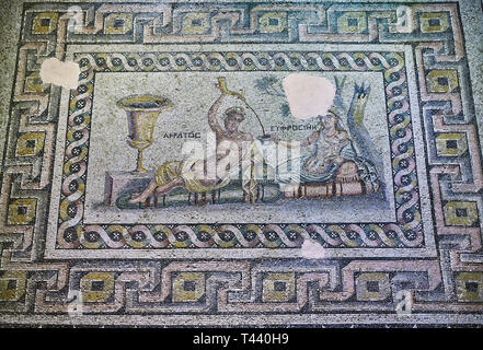 Mosaïque romaine. L'Acratos & Eljprocvne Mosaïque de la maison de Ménade Zeugma. 2e - 3e siècle. Musée des mosaïques de Zeugma, Gaziantep, Turquie. Banque D'Images