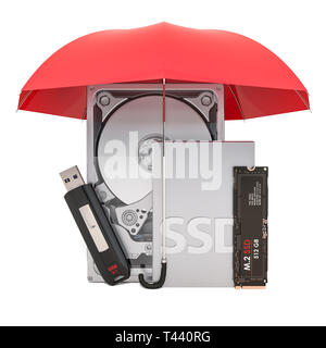 Le disque dur, le disque dur SSD (solid state drive, SSD M2 et USB flash drive sous parapluie, concept de protection. Le rendu 3D Banque D'Images